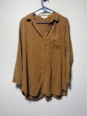 Side Stitch Tencera Lyocell Button Down Shirt Tunic Brown Rust Tab Sleeve PXS